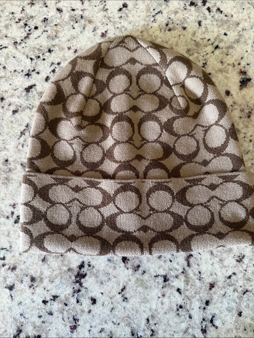 Coach Knit Beanie in Tan and Brown Signature Print